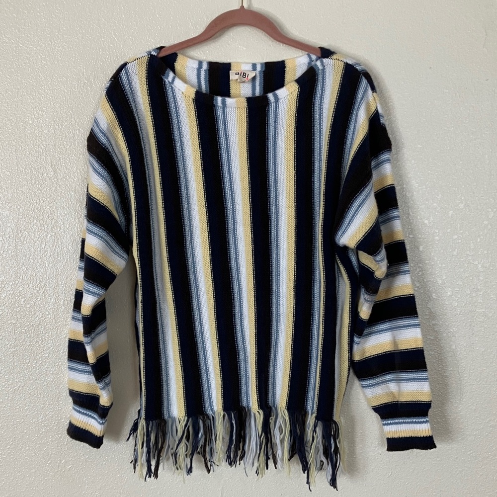 BiBi Knit Striped Fringe Hem Sweater, XL
